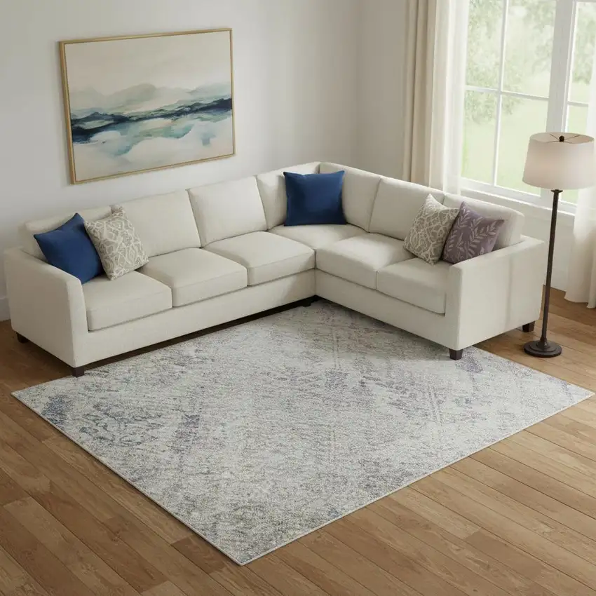 Ivory Purple And Blue Floral Washable Area Rug With UV Protection Photo 2