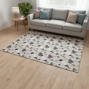 Photo of Ivory Purple And Green Geometric Washable Area Rug With UV Protection