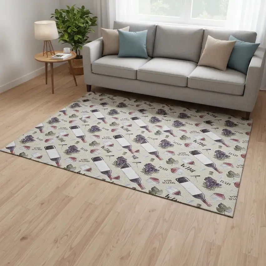 Ivory Purple And Green Geometric Washable Area Rug With UV Protection Photo 1