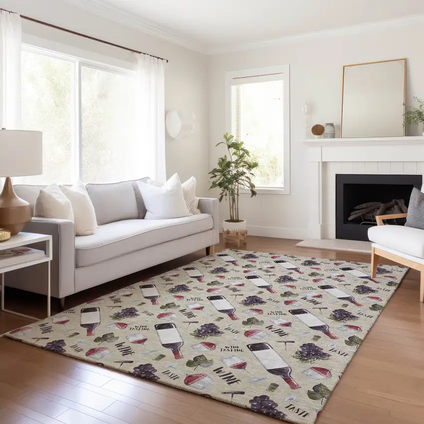 Ivory Purple And Green Geometric Washable Area Rug With UV Protection Photo 4