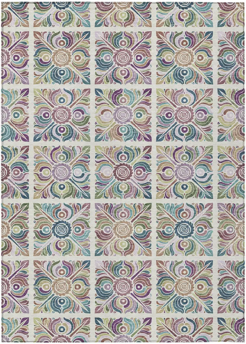 Ivory Purple And Teal Blue Medallion Washable Indoor Outdoor Area Rug Photo 2