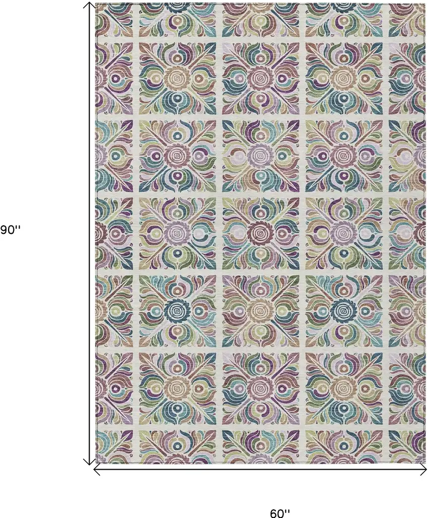 Ivory Purple And Teal Blue Medallion Washable Indoor Outdoor Area Rug Photo 3
