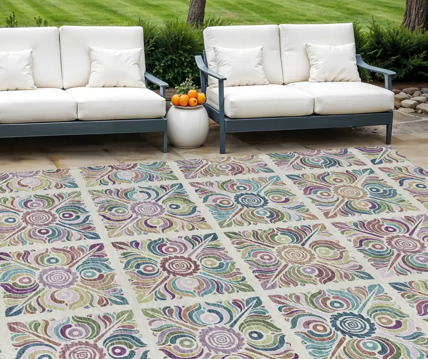 Ivory Purple And Teal Blue Medallion Washable Indoor Outdoor Area Rug Photo 1