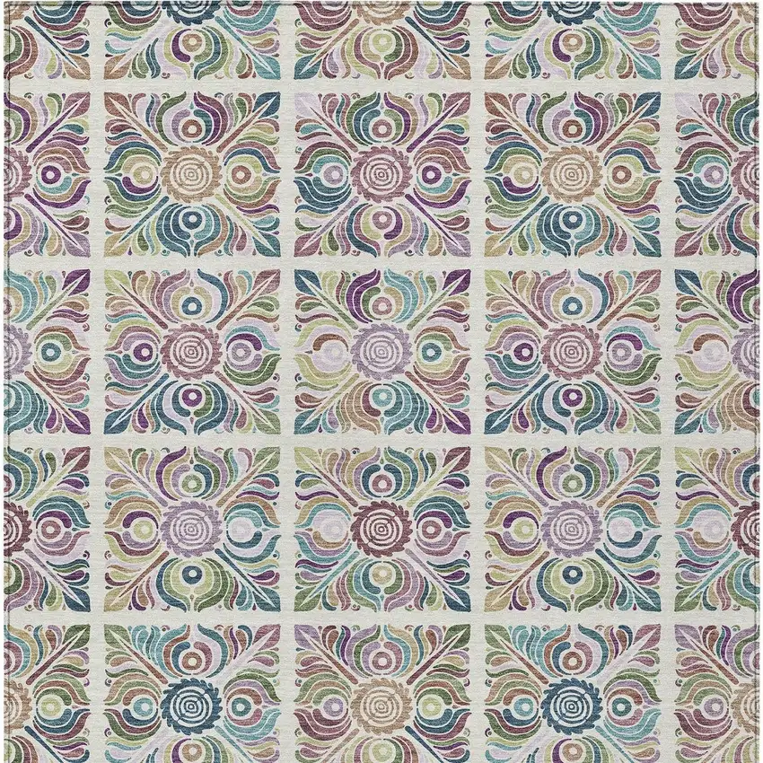 Ivory Purple And Teal Blue Medallion Washable Indoor Outdoor Area Rug Photo 7