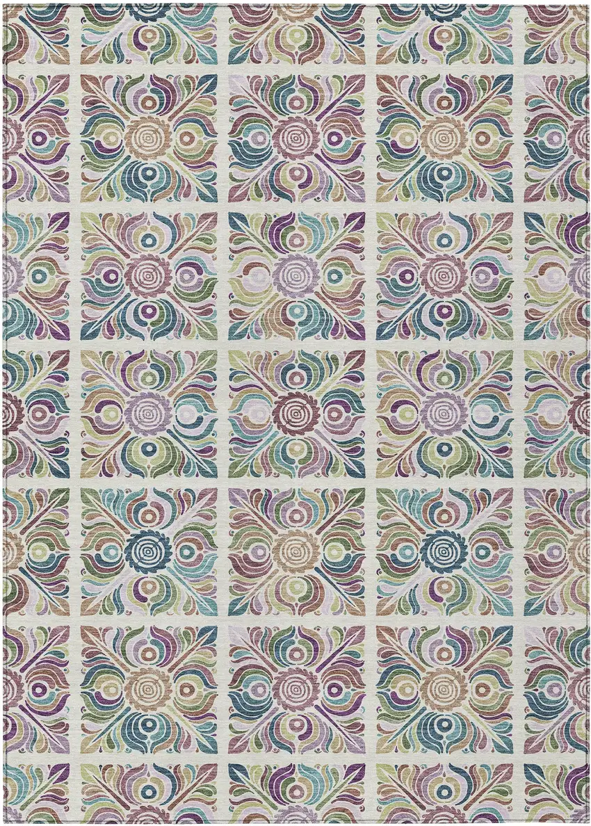 Ivory Purple And Teal Blue Medallion Washable Indoor Outdoor Area Rug Photo 2