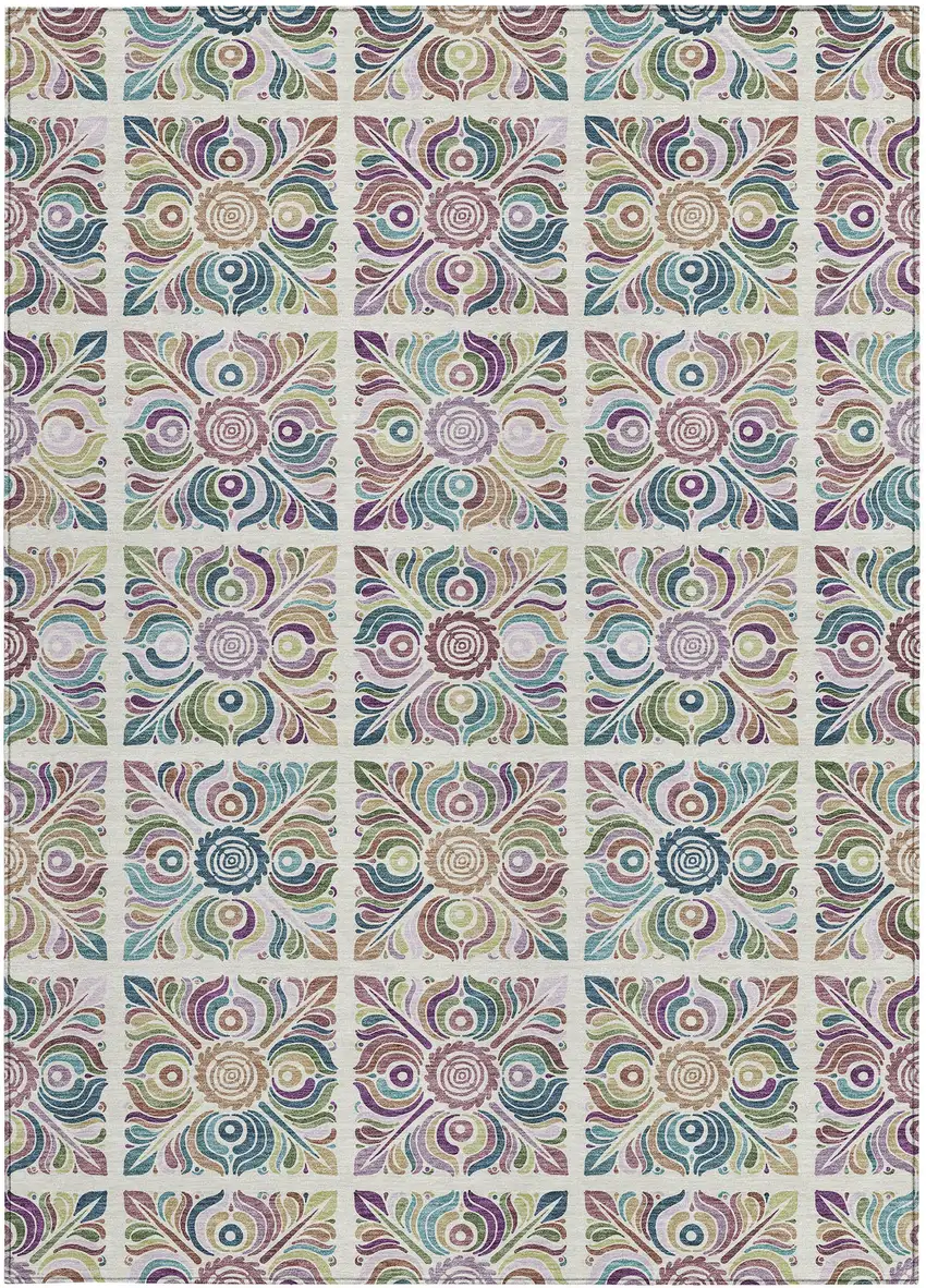 Ivory Purple And Teal Blue Medallion Washable Indoor Outdoor Area Rug Photo 7