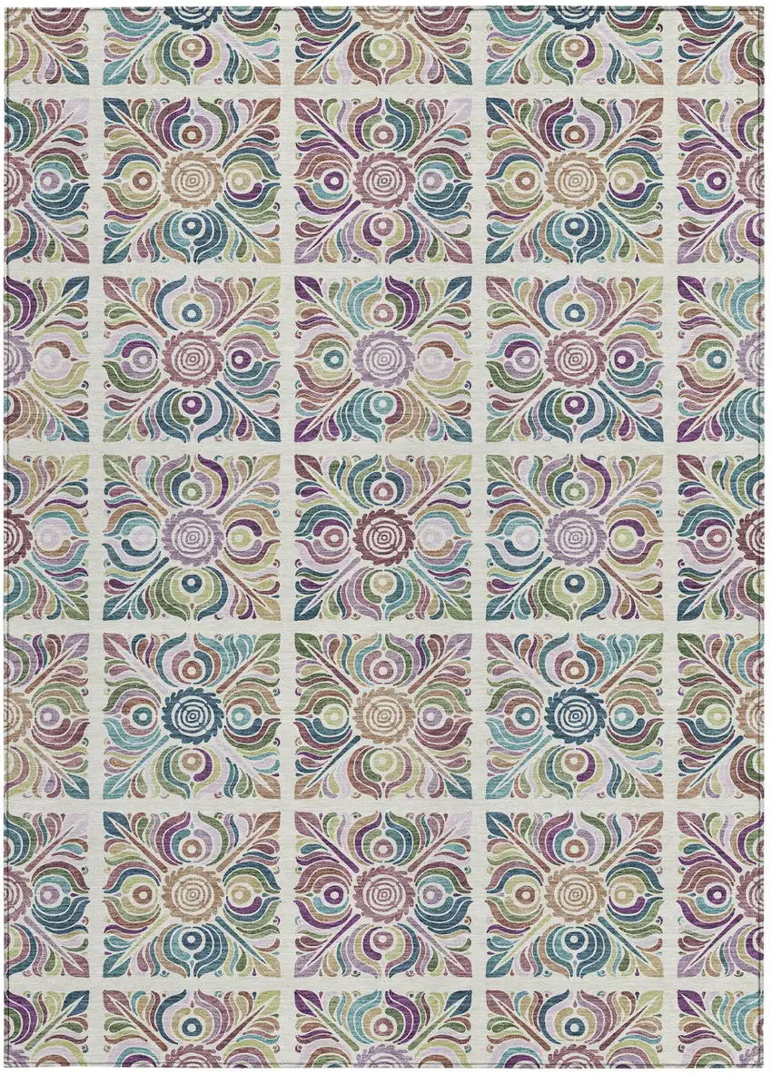 Ivory Purple And Teal Blue Medallion Washable Indoor Outdoor Area Rug Photo 7