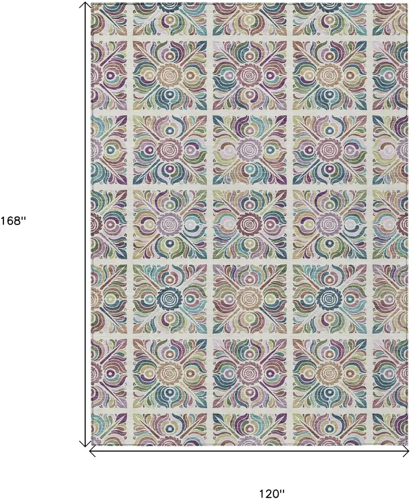 Ivory Purple And Teal Blue Medallion Washable Indoor Outdoor Area Rug Photo 3