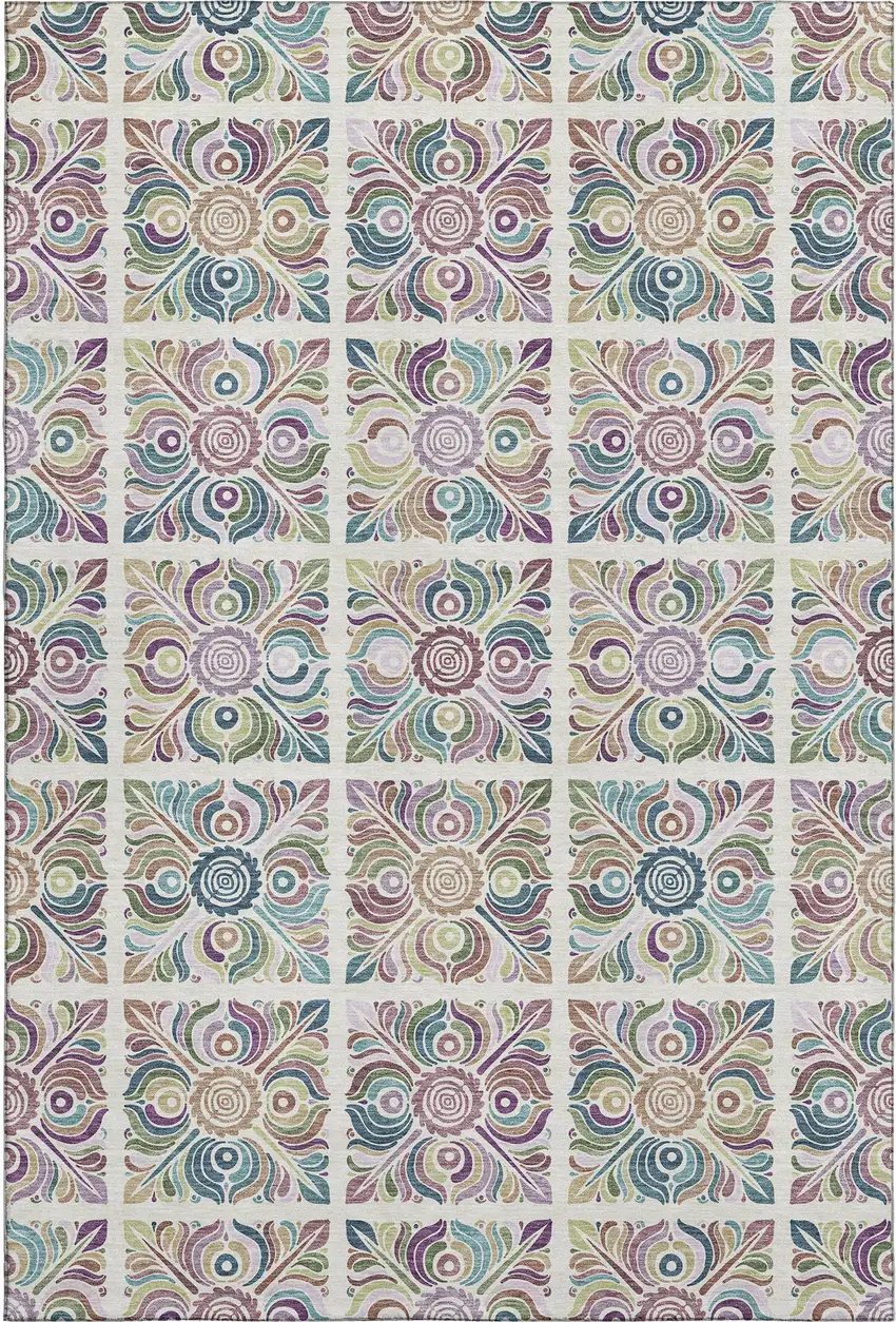 Ivory Purple And Teal Medallion Washable Area Rug With UV Protection Photo 6