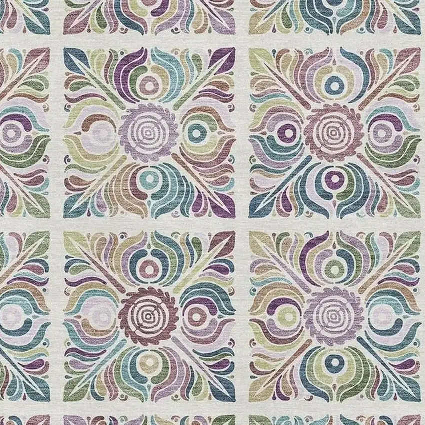 Ivory Purple And Teal Medallion Washable Area Rug With UV Protection Photo 3