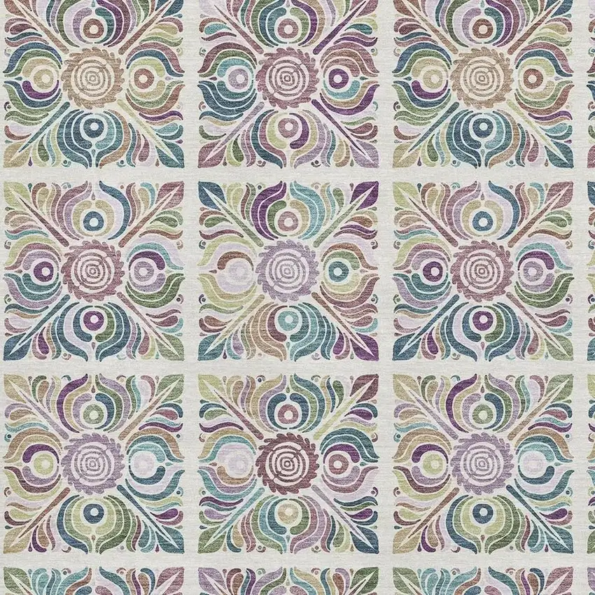 Ivory Purple And Teal Medallion Washable Area Rug With UV Protection Photo 1