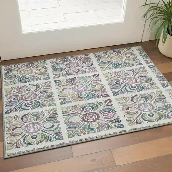 Ivory Purple And Teal Medallion Washable Area Rug With UV Protection Photo 2