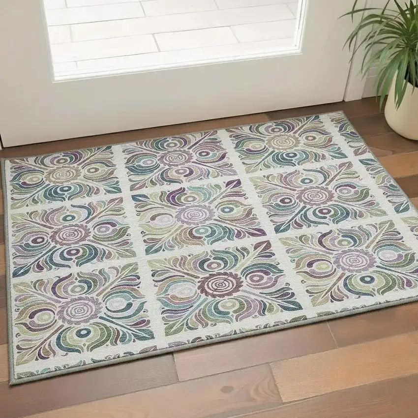 Ivory Purple And Teal Medallion Washable Area Rug With UV Protection Photo 2