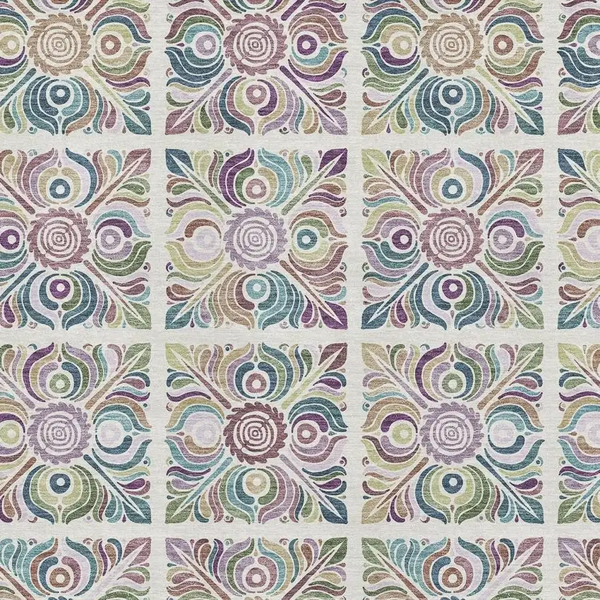 Ivory Purple And Teal Medallion Washable Area Rug With UV Protection Photo 4