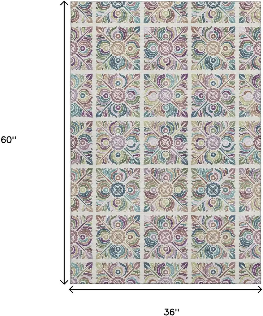 Ivory Purple And Teal Medallion Washable Area Rug With UV Protection Photo 3