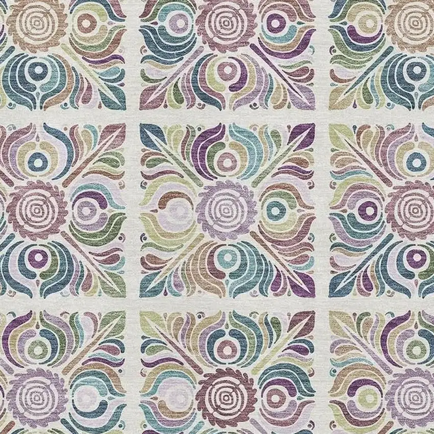 Ivory Purple And Teal Medallion Washable Area Rug With UV Protection Photo 8