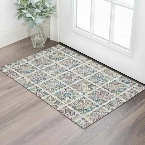 Ivory Purple And Teal Medallion Washable Area Rug With UV Protection Photo 1