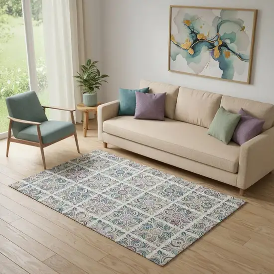 Ivory Purple And Teal Medallion Washable Area Rug With UV Protection Photo 1