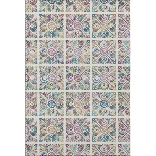 Ivory Purple And Teal Medallion Washable Area Rug With UV Protection Photo 3