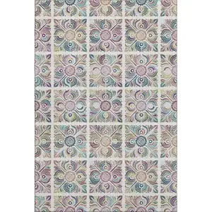 Photo of Ivory Purple And Teal Medallion Washable Area Rug With UV Protection