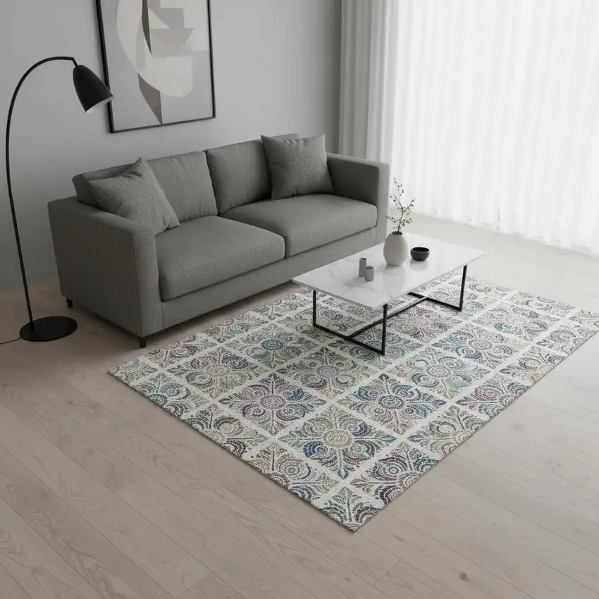 Ivory Purple And Teal Medallion Washable Area Rug With UV Protection Photo 2