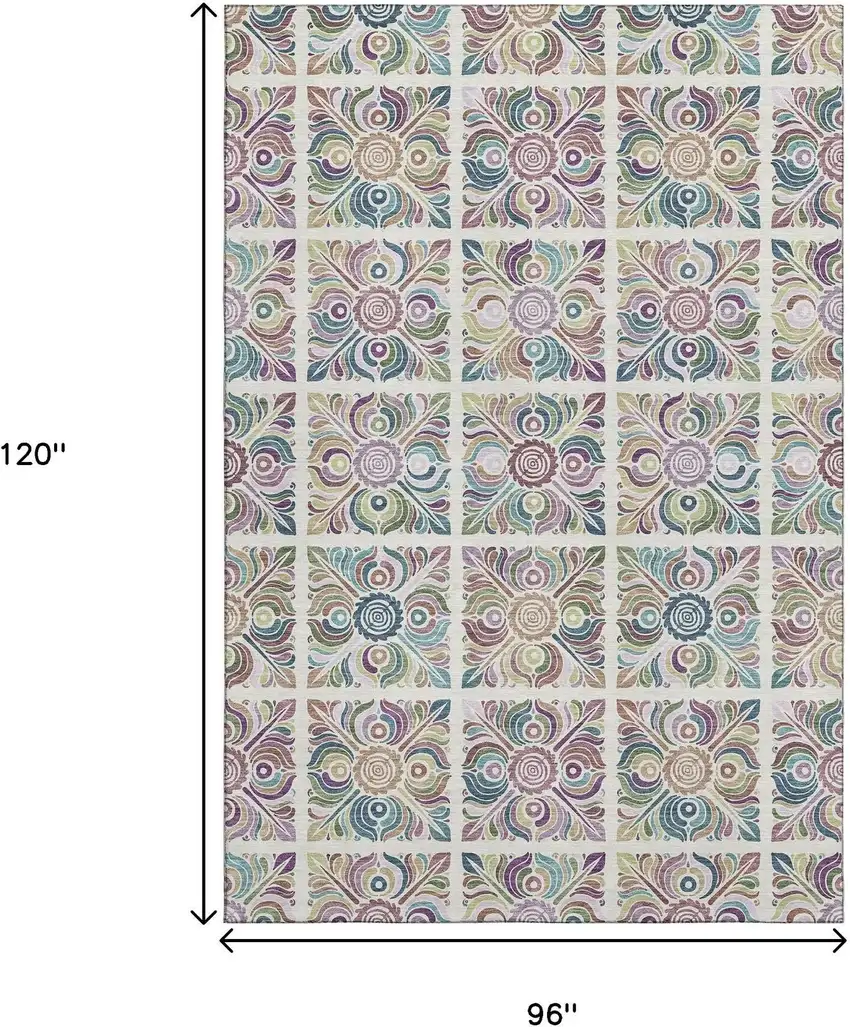 Ivory Purple And Teal Medallion Washable Area Rug With UV Protection Photo 3