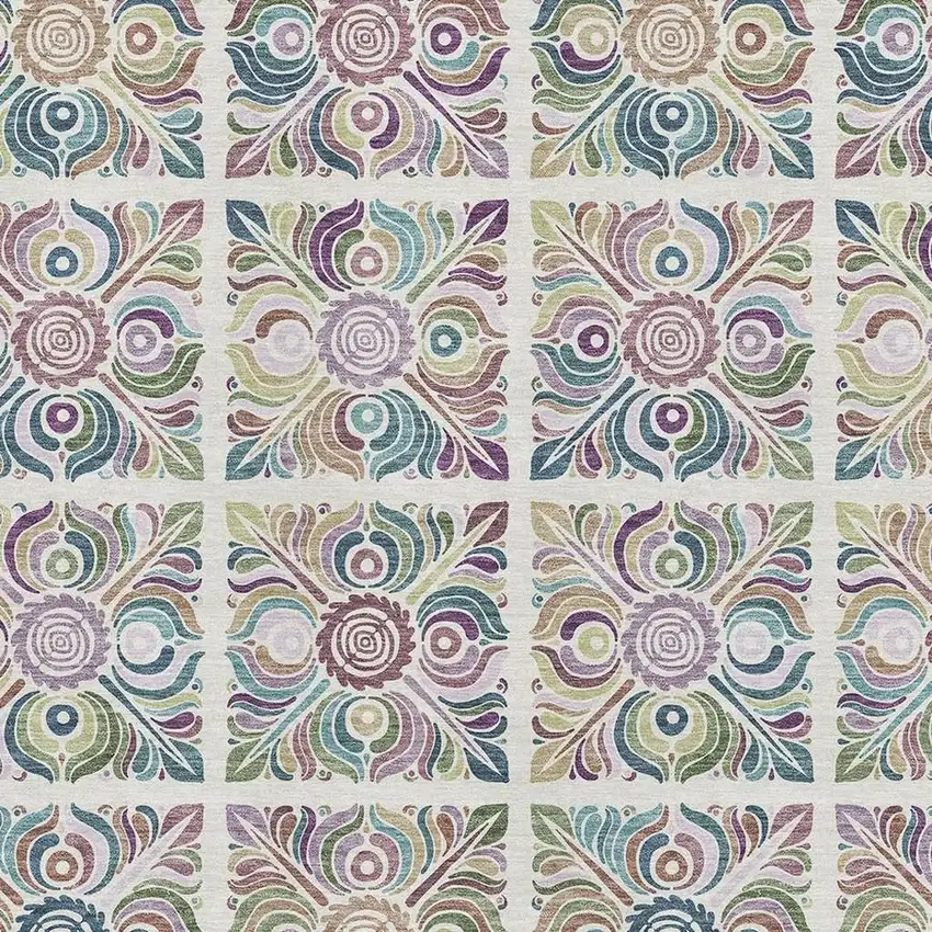 Ivory Purple And Teal Medallion Washable Area Rug With UV Protection Photo 1