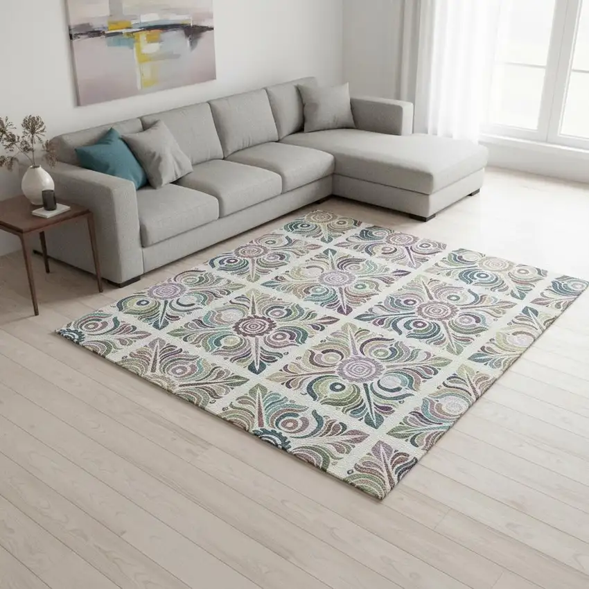 Ivory Purple And Teal Medallion Washable Area Rug With UV Protection Photo 2