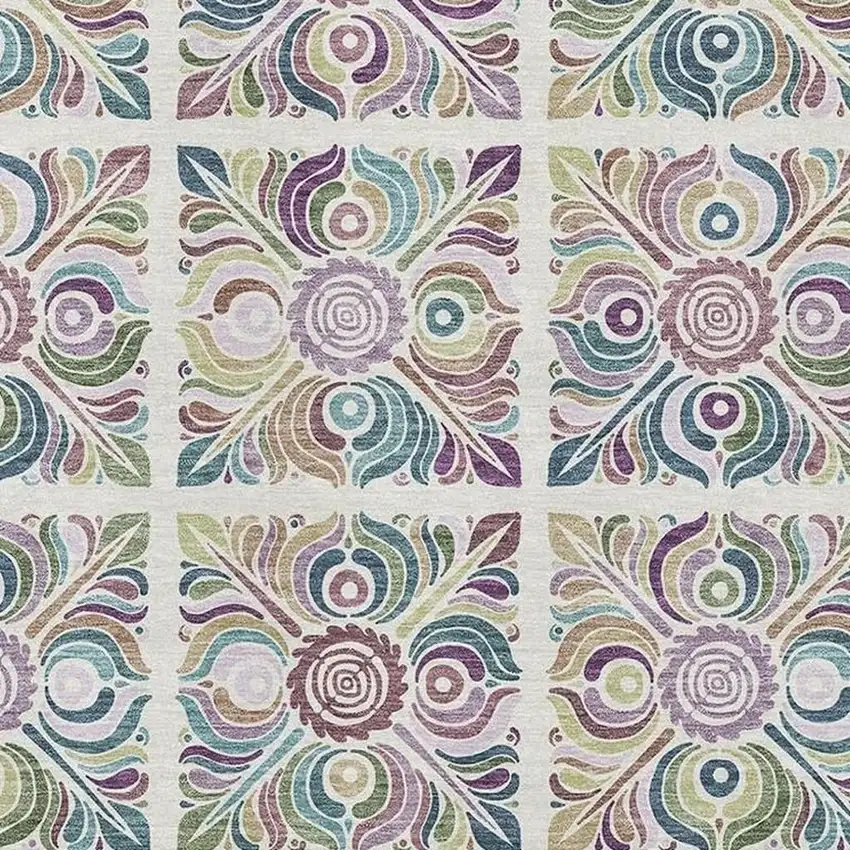 Ivory Purple And Teal Medallion Washable Area Rug With UV Protection Photo 3