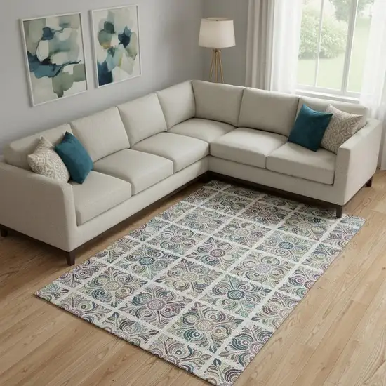 Ivory Purple And Teal Medallion Washable Area Rug With UV Protection Photo 1