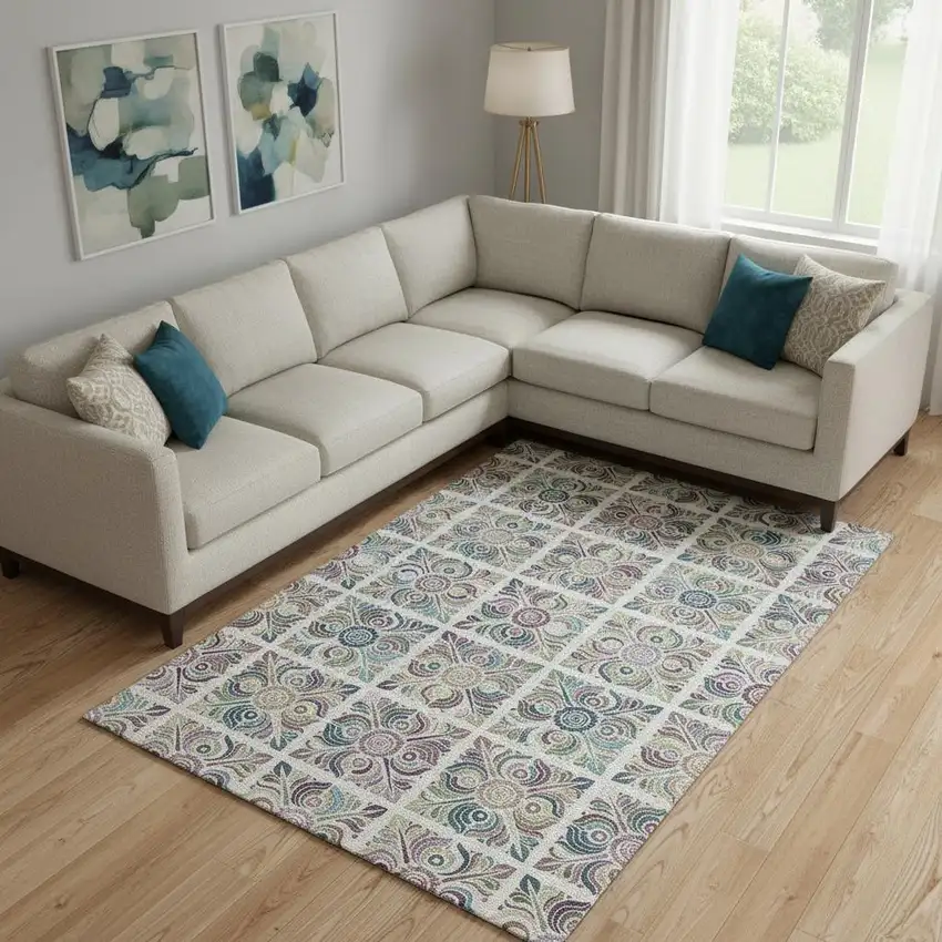 Ivory Purple And Teal Medallion Washable Area Rug With UV Protection Photo 1