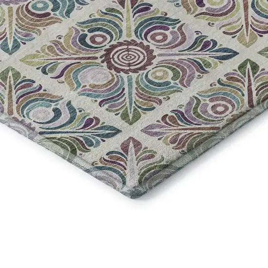 Ivory Purple And Teal Medallion Washable Area Rug With UV Protection Photo 8