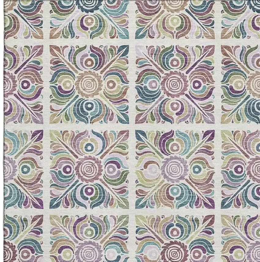 Ivory Purple And Teal Medallion Washable Area Rug With UV Protection Photo 3
