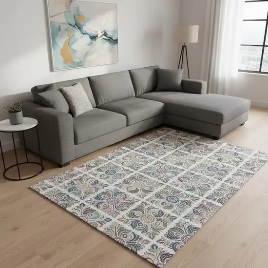 Ivory Purple And Teal Medallion Washable Area Rug With UV Protection Photo 2