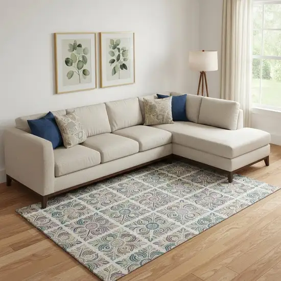 Ivory Purple And Teal Medallion Washable Area Rug With UV Protection Photo 1