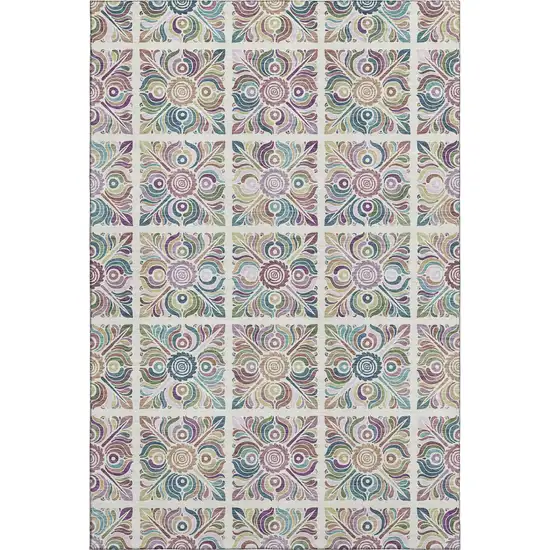 Ivory Purple And Teal Medallion Washable Area Rug With UV Protection Photo 1