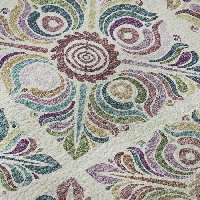 Ivory Purple And Teal Medallion Washable Area Rug With UV Protection Photo 9