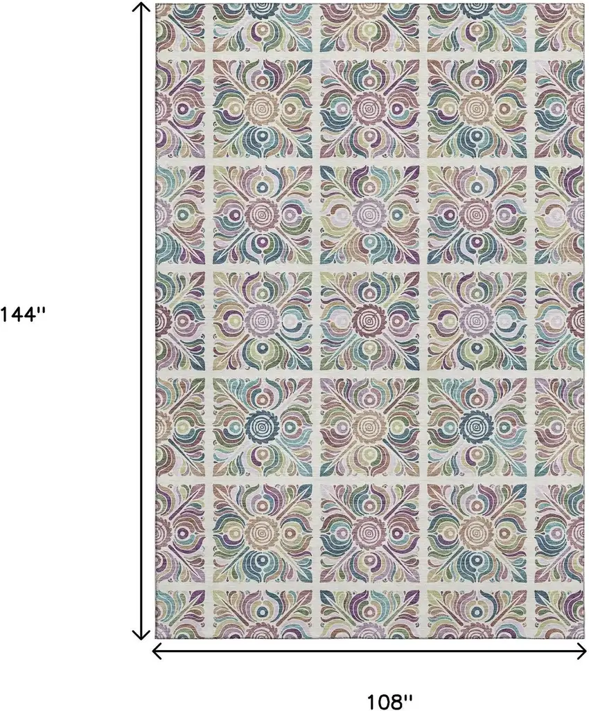 Ivory Purple And Teal Medallion Washable Area Rug With UV Protection Photo 3