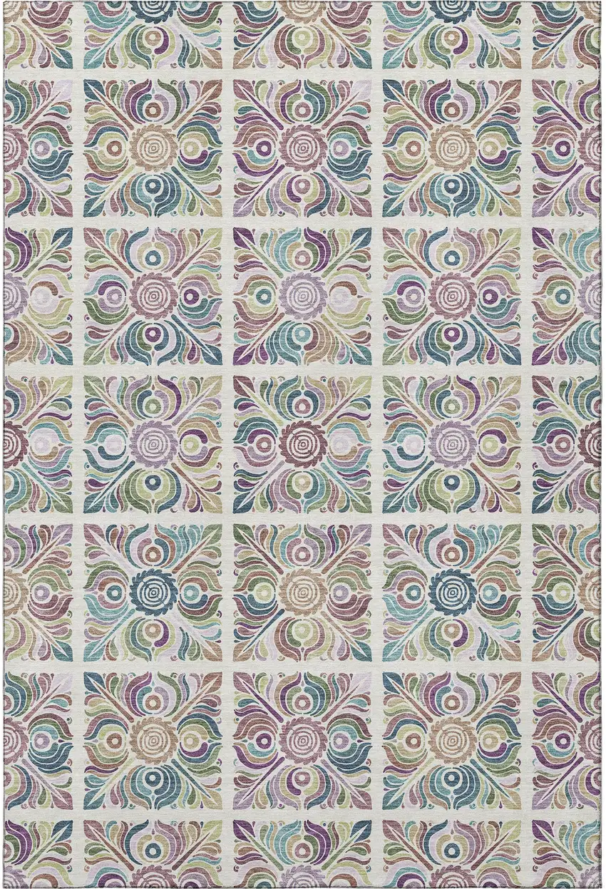 Ivory Purple And Teal Medallion Washable Area Rug With UV Protection Photo 4