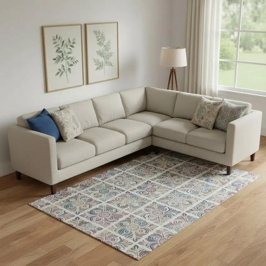 Ivory Purple And Teal Medallion Washable Area Rug With UV Protection Photo 1