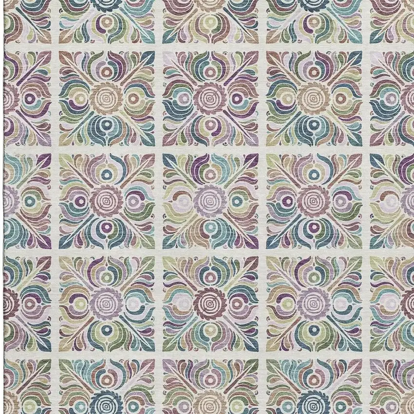 Ivory Purple And Teal Medallion Washable Area Rug With UV Protection Photo 3