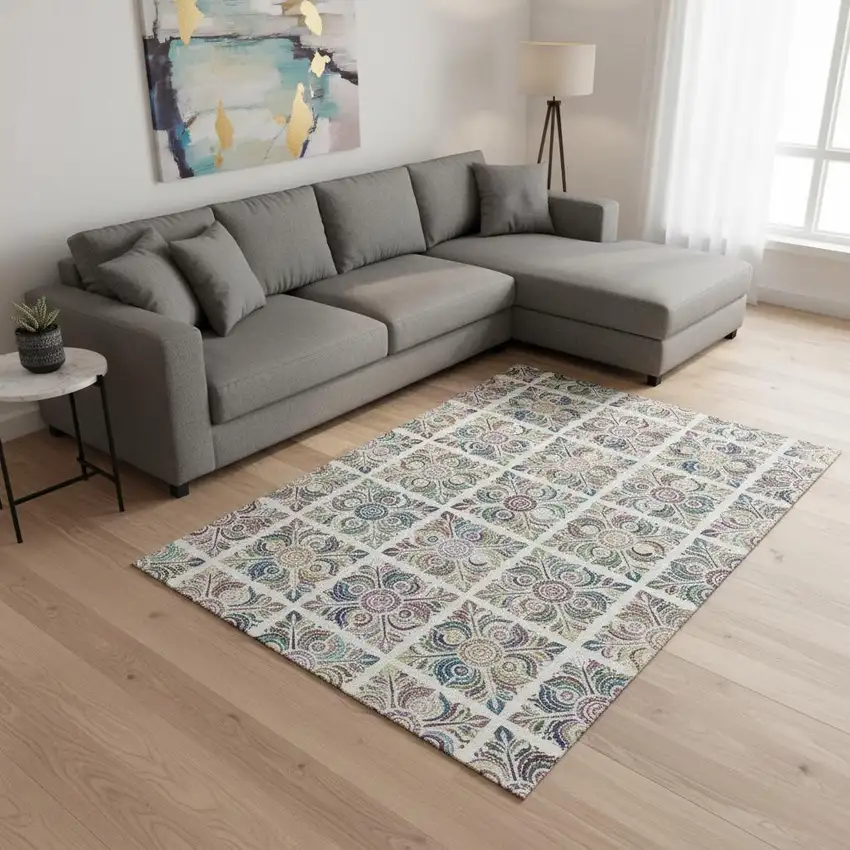 Ivory Purple And Teal Medallion Washable Area Rug With UV Protection Photo 2