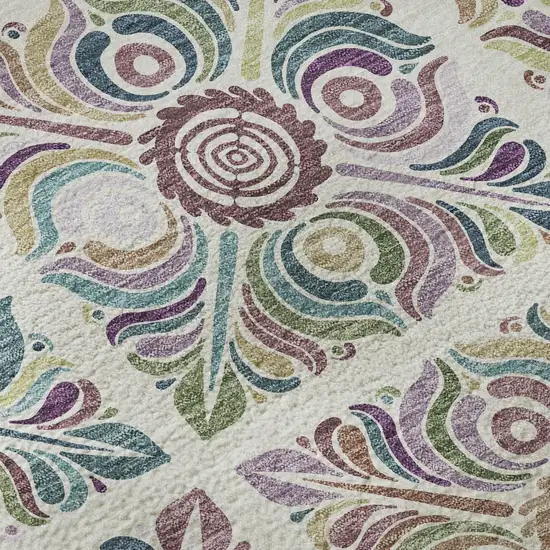 Ivory Purple And Teal Medallion Washable Area Rug With UV Protection Photo 9