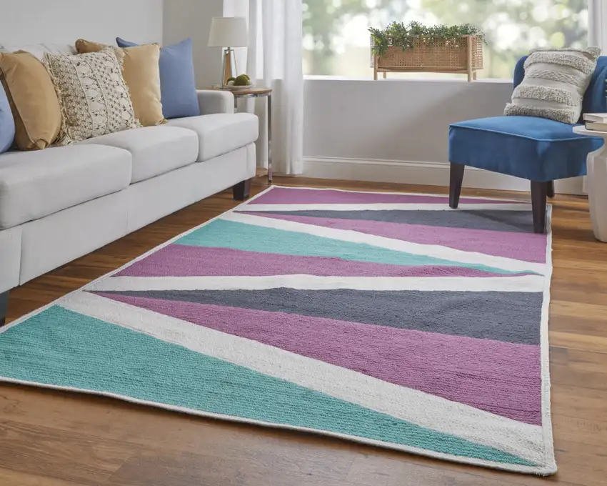 Ivory Purple and Green Geometric Power Loom Area Rug Photo 9