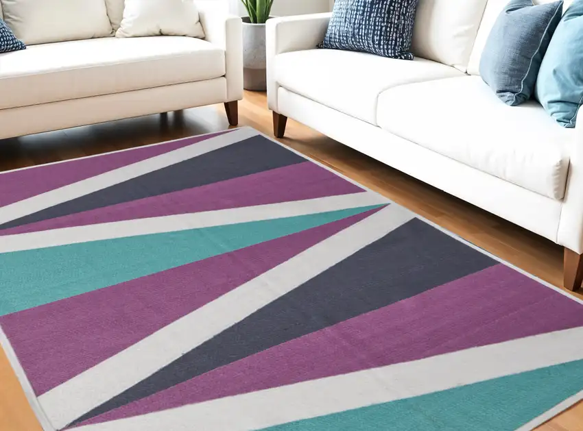 Ivory Purple and Green Geometric Power Loom Area Rug Photo 1