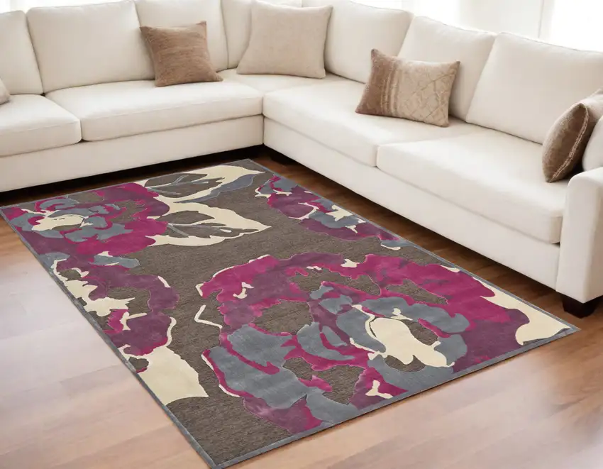Ivory Purple and Taupe Floral Power Loom Area Rug Photo 1
