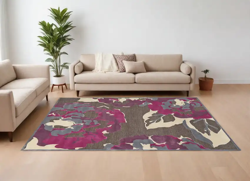 Ivory Purple and Taupe Floral Power Loom Area Rug Photo 1