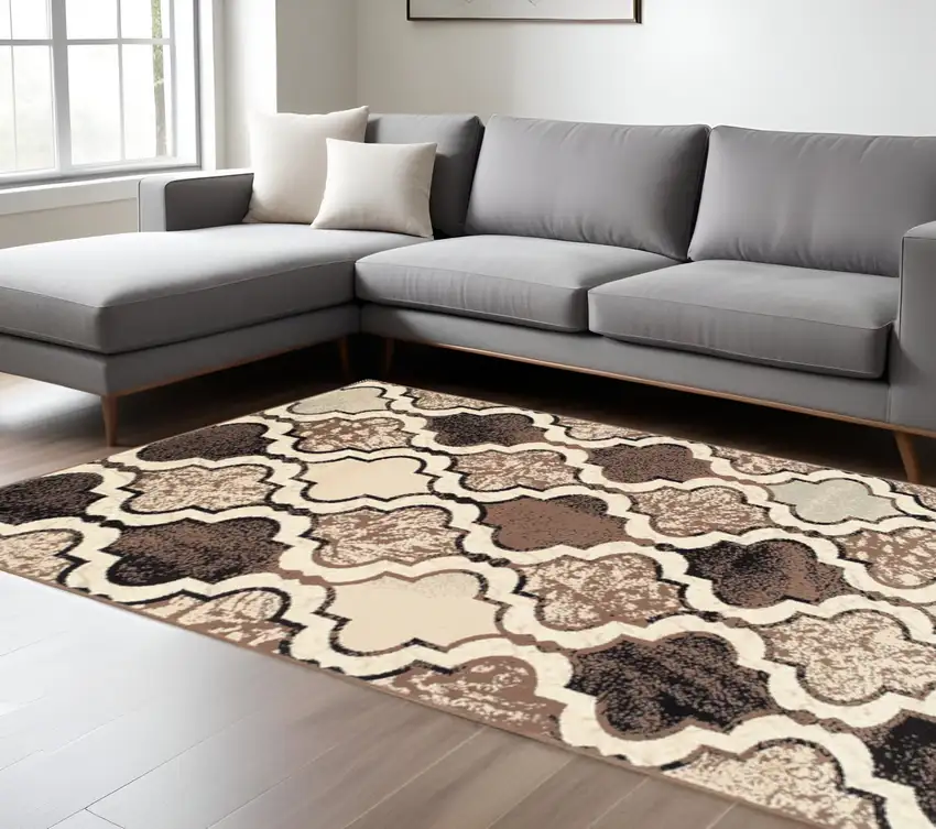 Ivory Brown And Black Quatrefoil Distressed Area Rug Photo 1