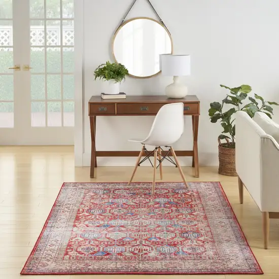Ivory Red And Blue Floral Distressed Non Skid Area Rug Photo 6