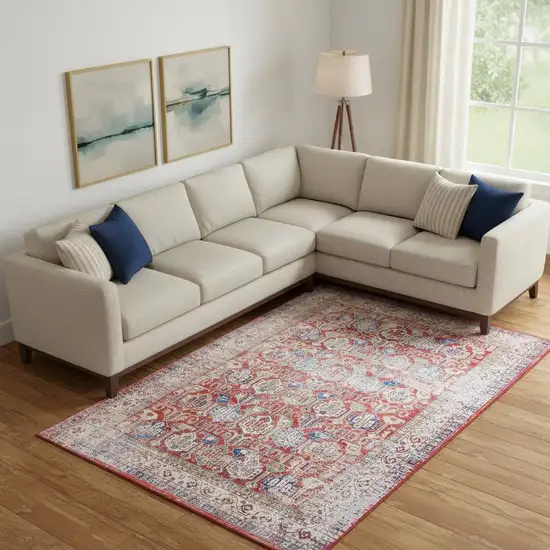 Ivory Red And Blue Floral Distressed Non Skid Area Rug Photo 1